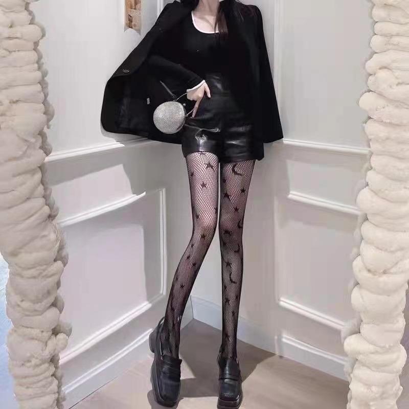 Lolita Sexy Jk Fishnet Stockings JK Girls Tights Black Star Moon Pattern Pantyhose Ladies Stocking Big Elastic Girls WomenTights