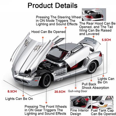 1:24 Scale GTR Safety SLR Sports Car Model Toy Alloy Diecast Sound Light Doors Opened Miniature Vehicle Models Collection Gifts