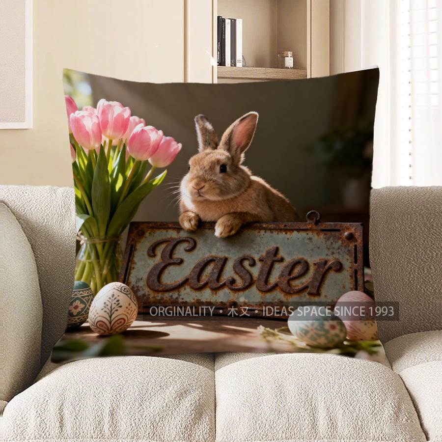 

2D Rabbit & Easter Eggs Printed Pillow Cover Pattern Cushion Cover Suitable For Sofa Bedroom Car Pillow Cover 40x40cm
