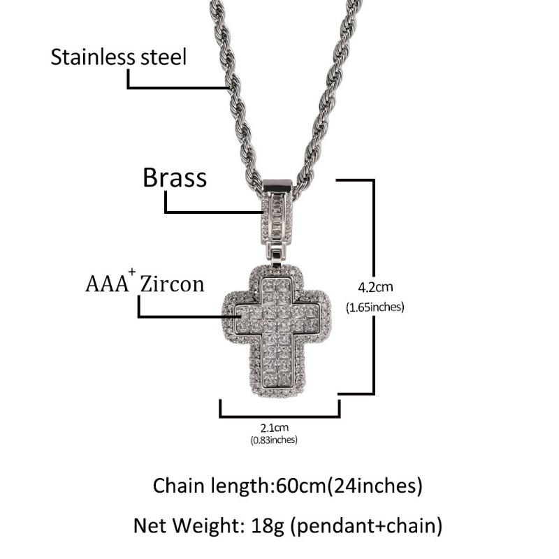 Baguette Cut Iced Out Double Layer Cross Pendant Necklace For Men/Women Gold Plated Stainless Steel Hip Hop Jewelry