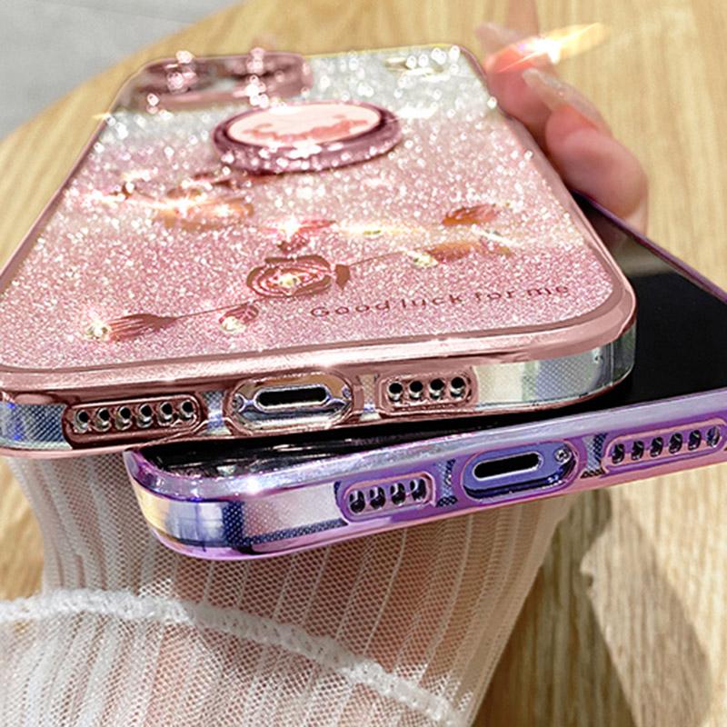 KADEM For Samsung Galaxy A42 5G Flower Rhinestone Decor TPU Cover Glitter Gradient Phone Case with Ring Kickstand