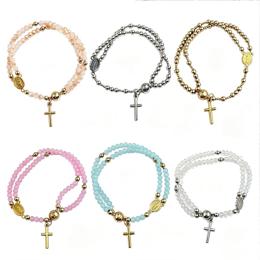Color Crystal Beaded Cross Pendant Double Ring Bracelet, Simple and Versatile Stacked Bead Jewelry