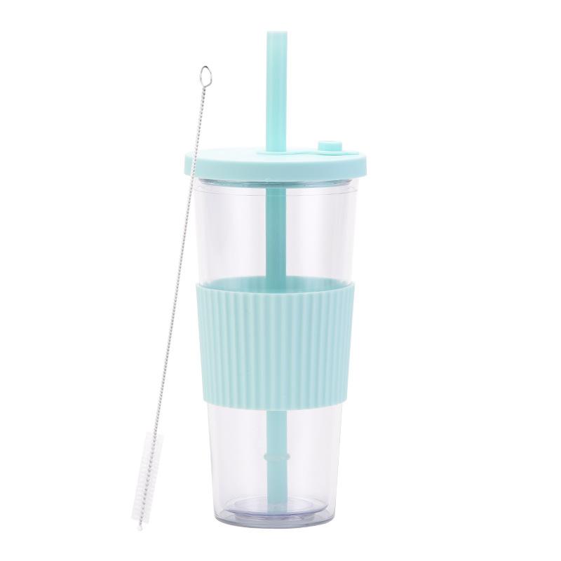 2025 Large Capacity Double Layer Plastic Cup Large Hole Straw Pearl Boba Milk Tea Cup Portable Outdoor Straw Cup