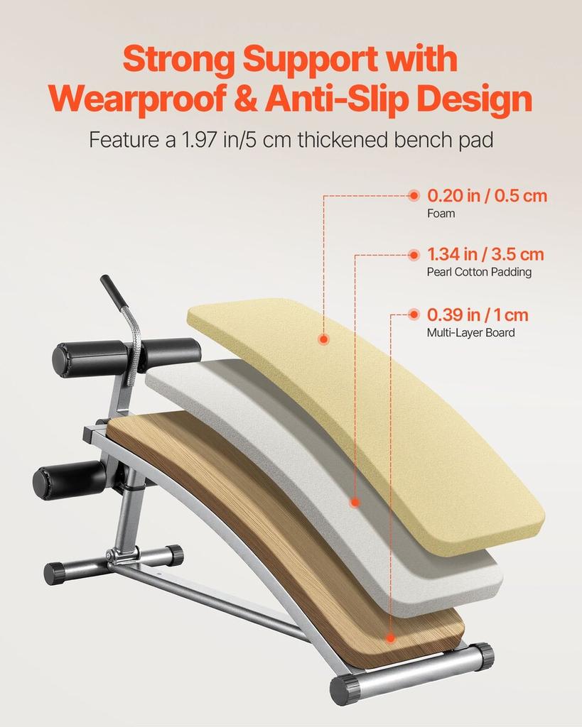 Sit Up Bench, Curved Decline Ab Bench with Reverse Crunch Handle, with 6 Adjustable Height Setting, Heavy Duty Steel, 272 Kg Capacity for Home Gym