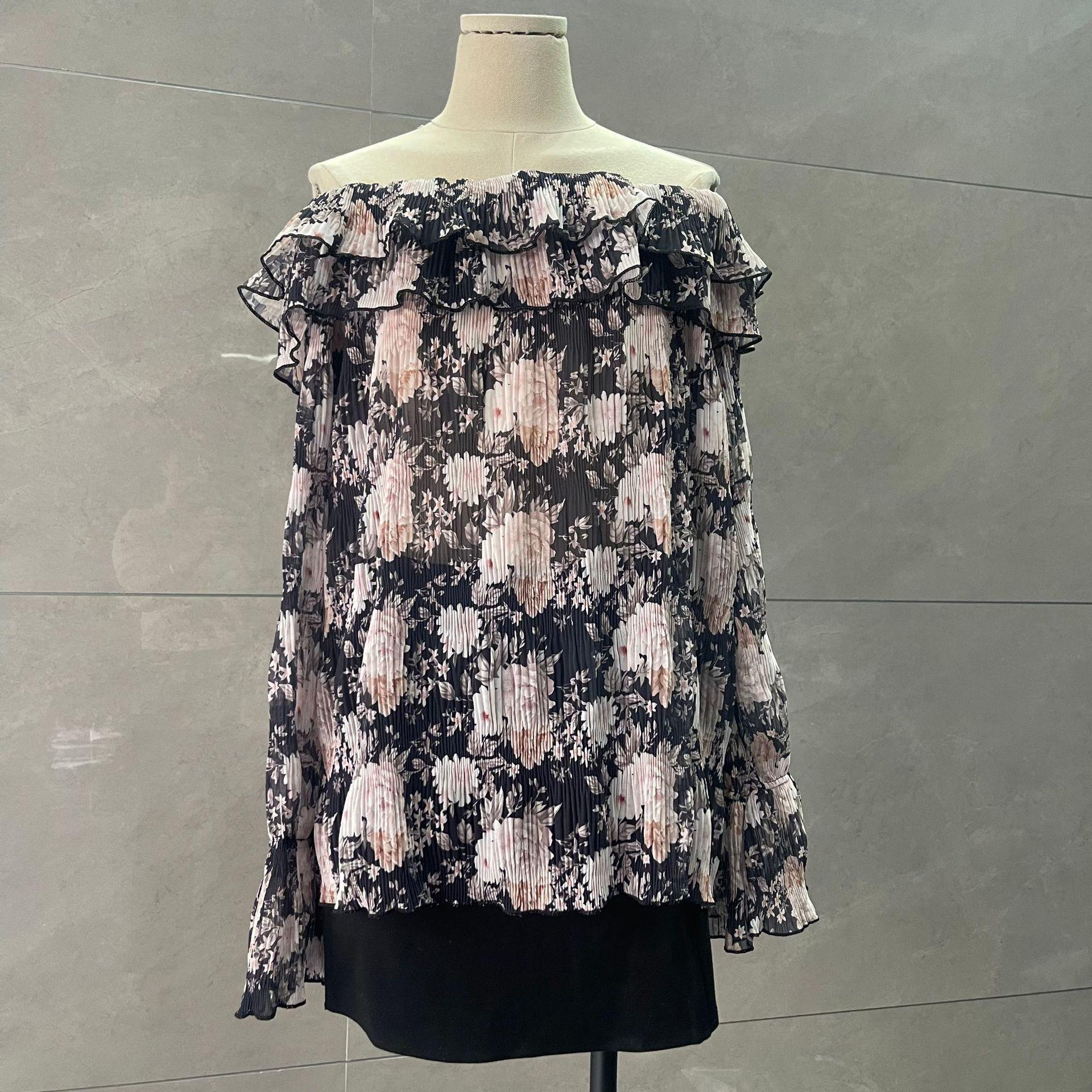 

Французская блузка с оборками и открытыми плечами, из шифона с цветочным принтом - женский топ с длинным рукавом L (115 lbs recommended)