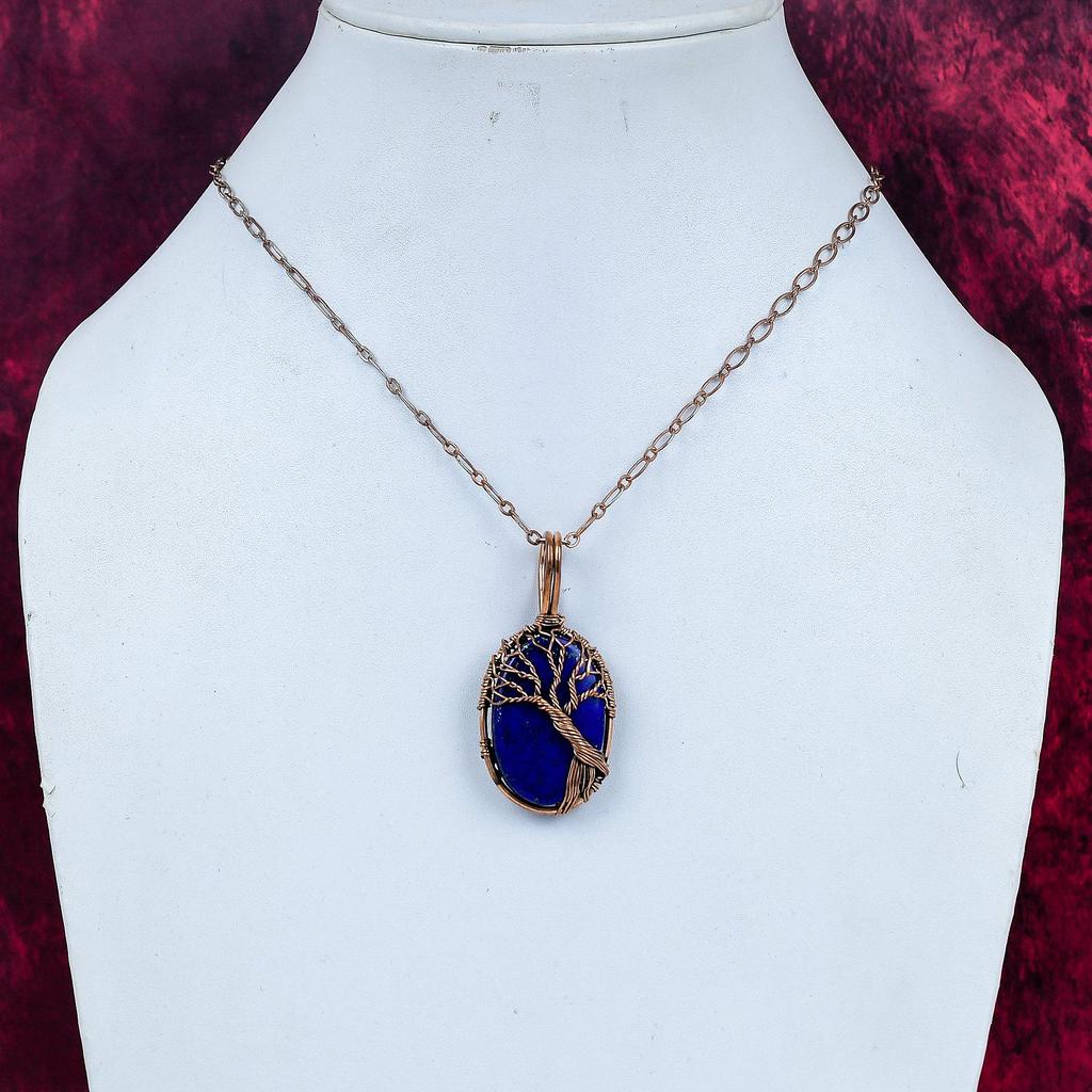 Tree Of Life Lapis Lazuli Gemstone Pendant Copper Wire Wrapped Handmade Jewelry
