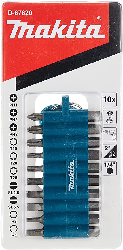 Makita Impact Driver Bit Set of 10 with Hex 13mm Groove Carabiner, D-67620, 6.35mm Shank, [Used]