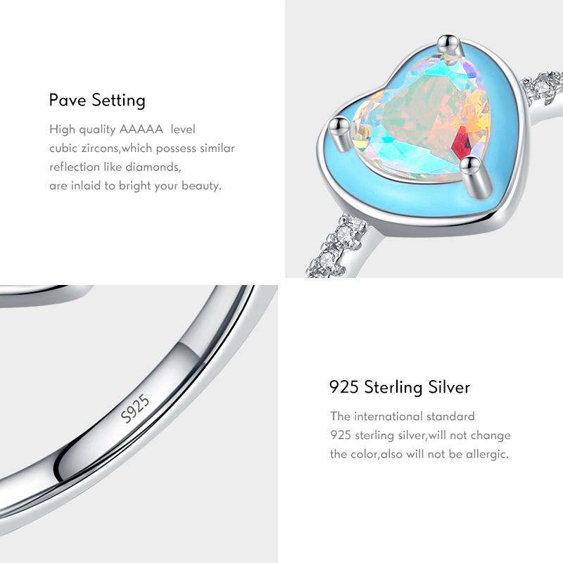 MODIAN Inel romantic cu inimă cu email albastru din argint 925, culoarea curcubeului, zirconiu, bijuterii fine pentru femei, cadou de nuntă