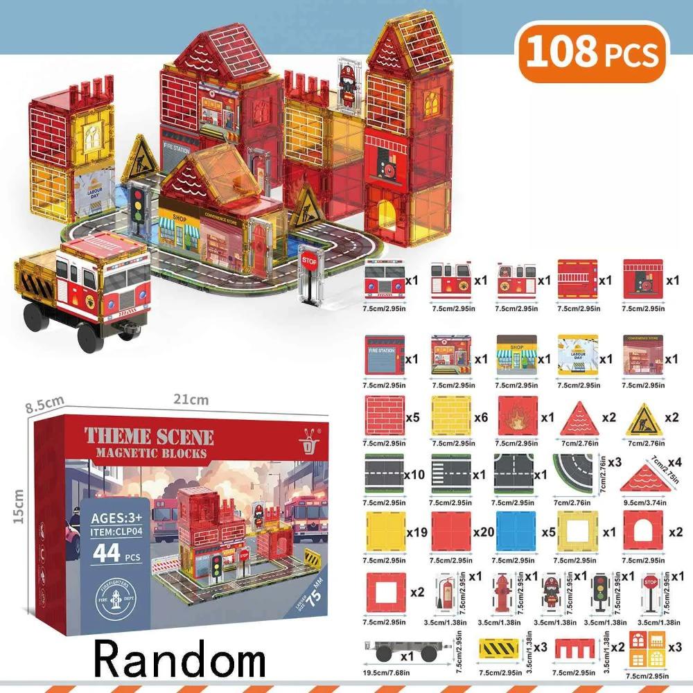 Magnetic Building Blocks Firefighting Theme Magnet Tiles with Fire Truck & Station Kids Montessori STEM Educational Sensory Toys