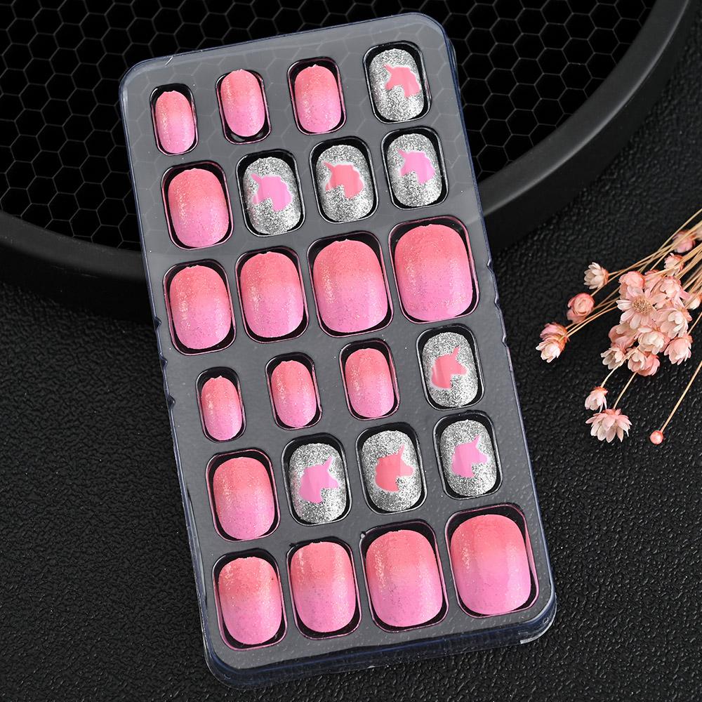 24pcs/box Candy Kids False Nail Cartoon Full Cover Press On Fake Nails Tips Kawaii Acrylic Artificial Fingernails for Girls