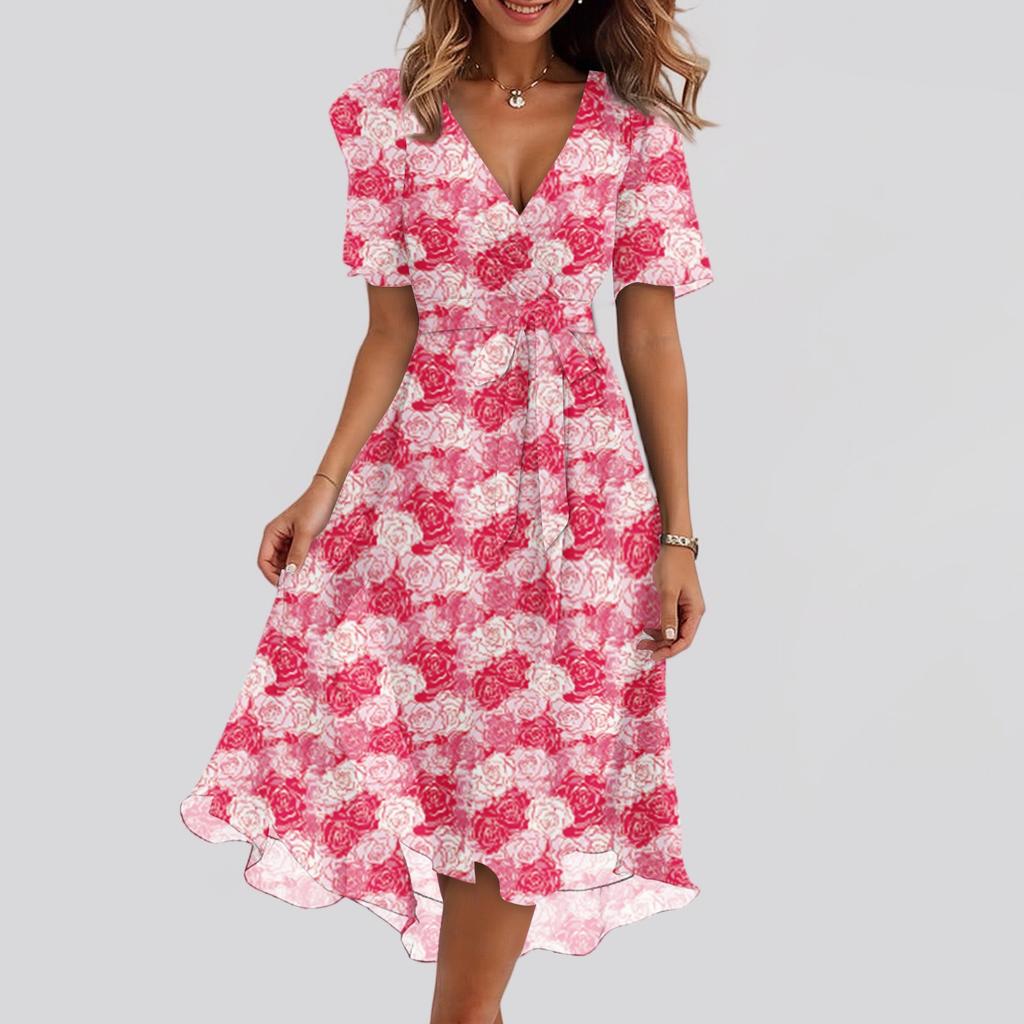 Women's Fashion Casual V Neck Short Sleeve Ruffled Vintage Printed Dresses