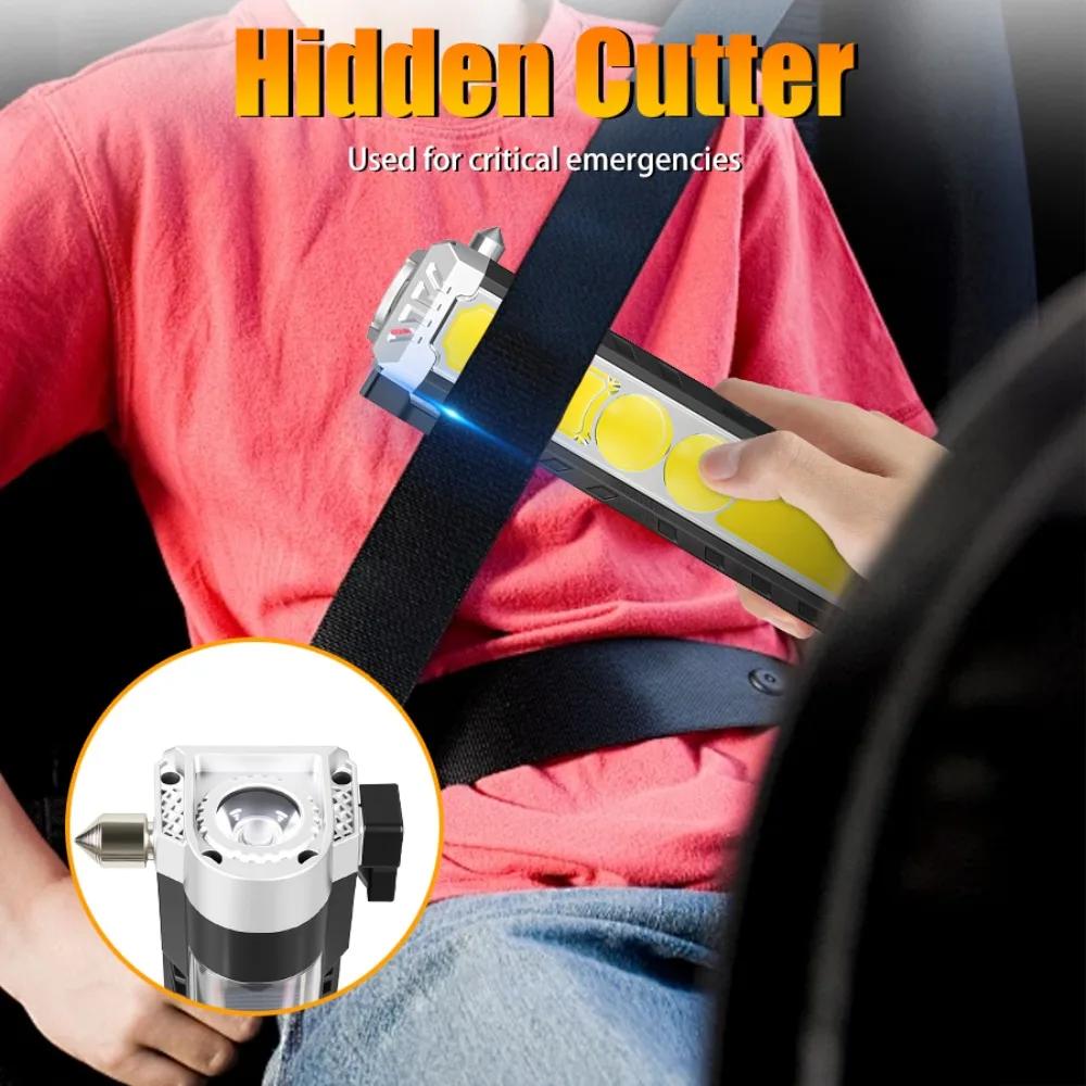 Portable COB Working Light Magnetic Flashlight Type-C Rechargeable Flashlight Multifunction Lamp with Hook Safety Hammer Torch