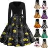 Women's Casual Vintage Halloween Print V Neck Long Sleeve Dress with Waist Tie and Flared Skirt for Everyday Wear