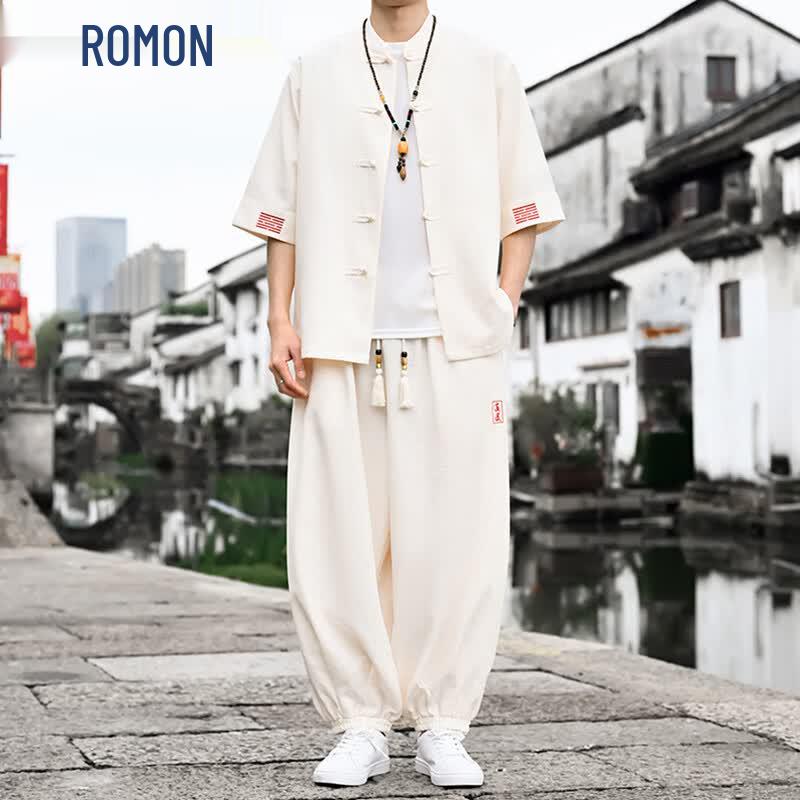 

ROMON Men s New Chinese Style Frog-Button Short Sleeve Shirt 4XL