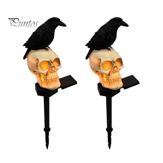 Horror Themed Yard Landscape Ornaments LED Solar Crow Skull Light, Waterproof Halloween Pathway Gothic Decorative Stakes for Flowerbeds on Skeleton