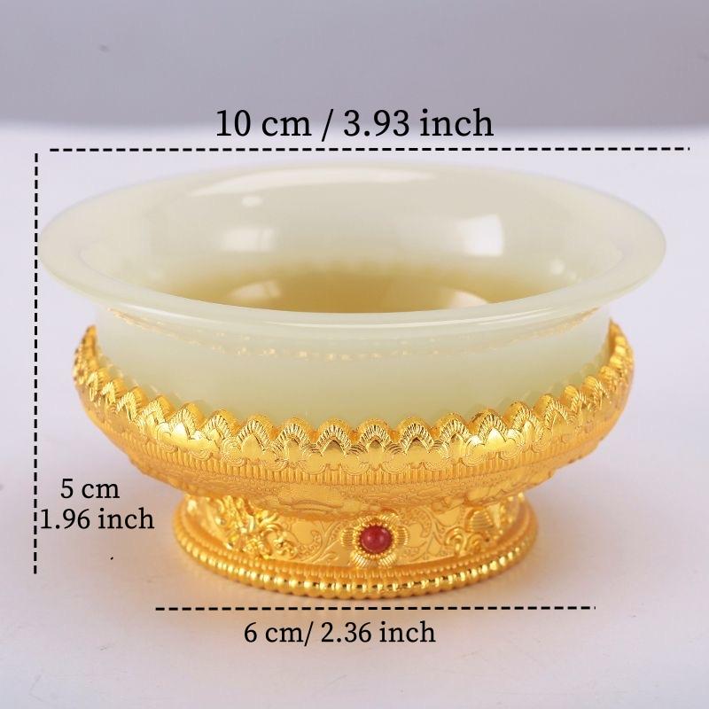 Bol à Ghee Tibétain Doré Alliage de Zinc Coupe d'Eau Bénite Tantrique 10cm Grande Taille Bol Bouddhiste en Pierre Gravé Cadeau Décoratif de Bureau