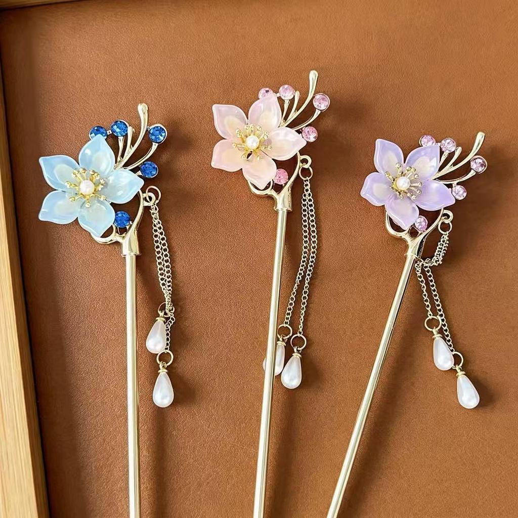 Tricolor Flower Hairpin: High-End Hanfu Headdress & Buyao Ornament