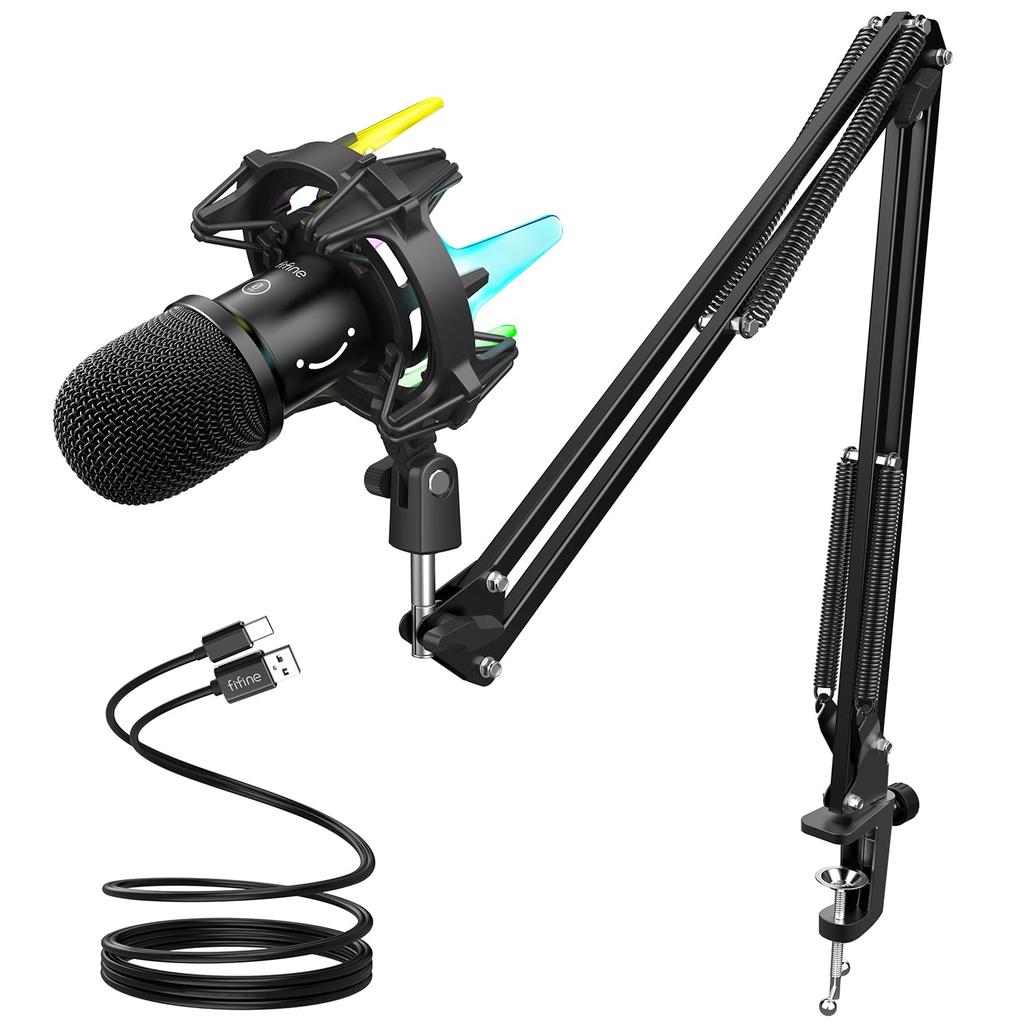 FIFINE USB Dynamic Gaming RGB Mute Microphone Set with Arm for Podcast Game Voice Live Compatible with AmpliRocket K651 Microphone, Lighting,