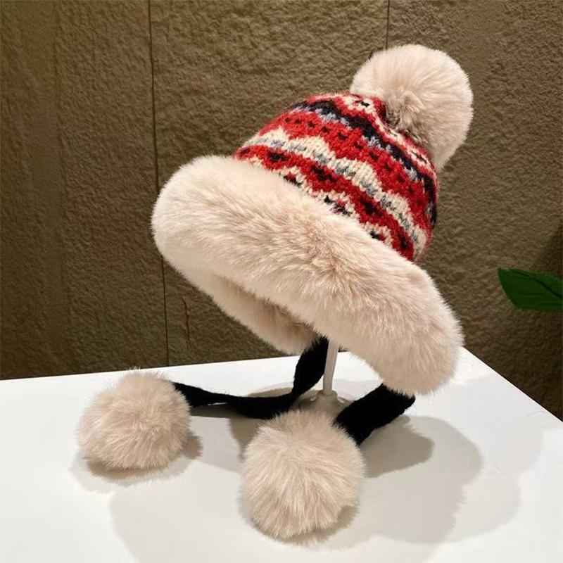 

Зимний Стиль Плюс Бархат Толстая Теплая Шерстяная Шапка с Помпоном Вязаная Шапка для Велоспорта на Открытом Воздухе Защита Ушей Защита от Холода Шапка для Женщин красный