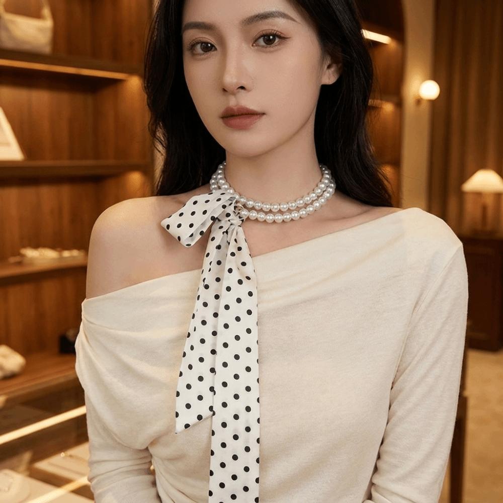 Silk Polka Dot Scarf Necklace Faux Pearl Ribbon Neckband Trendy Choker Daily