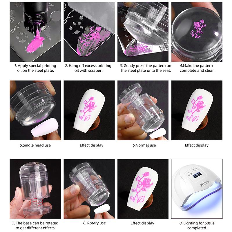 Neue drehbare transparente Stempel mit variabler Mustergröße, Silikon-Fingerspitzendruck, französischer Nagelsiegel-Stempel, Schaber-Werkzeug