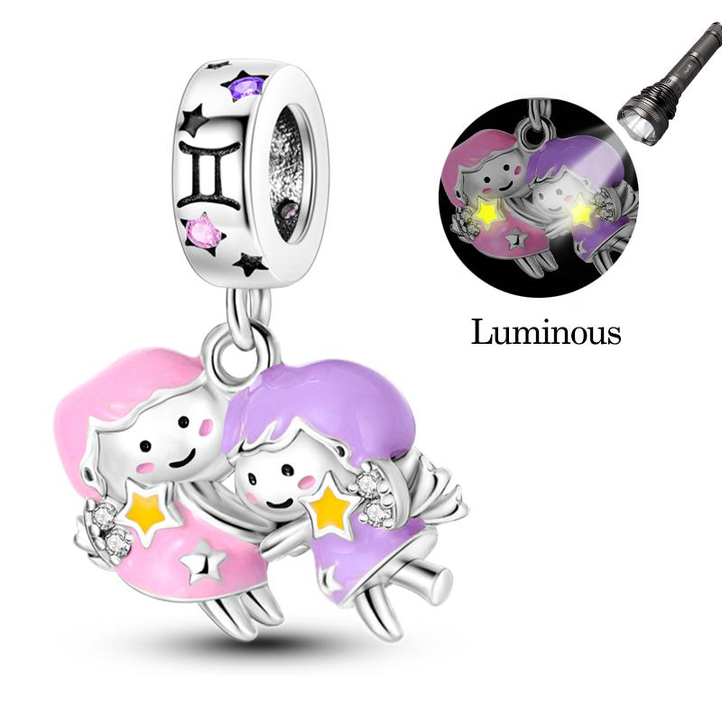 Sales 925 Silver Luminous Twelve Constellations Charms Bead Fit Bracelet DIY Women Birthday Jewelry Gifts