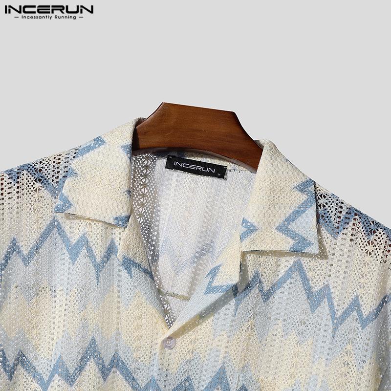 INCERUN Men Lapel Short Sleeve Striped Crochet Hollow Casual Oversized Shirts