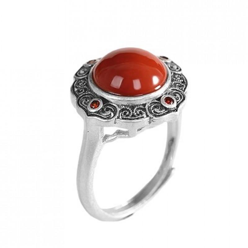 Adjustable Open Ring Men Women Vintage Bohemian Style With Hollow Geometric Plated Red Agate Stone