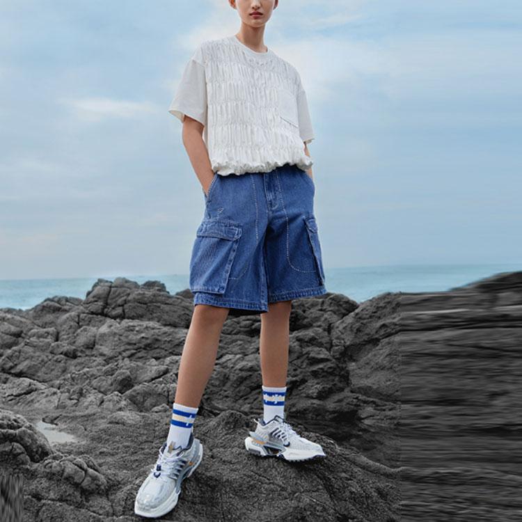 Li Ning Sports Basketball Series Logo Embroidered Loose Casual Sports Denim Shorts Men Shorts Blue AJSR001-1