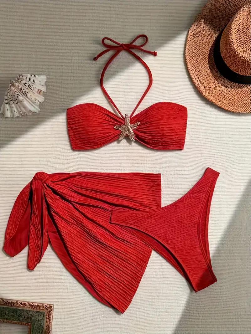 

2025 Сексуальный купальник-бикини халтер - Трендовая европейская и американская летняя пляжная одежда L красный