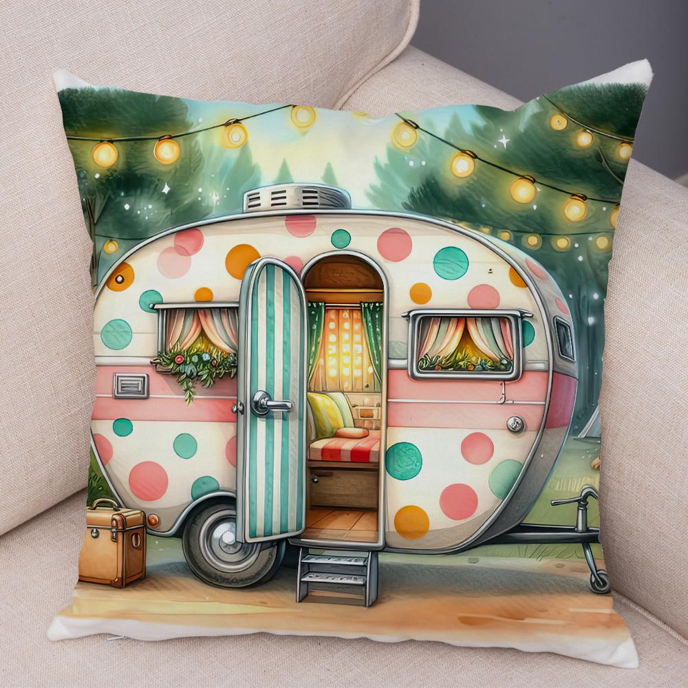 Happy Campers Pillow Case Double Print Decor Cartoon House Travel Car Cushion Cover for Sofa Home Soft Plush Pillowcase