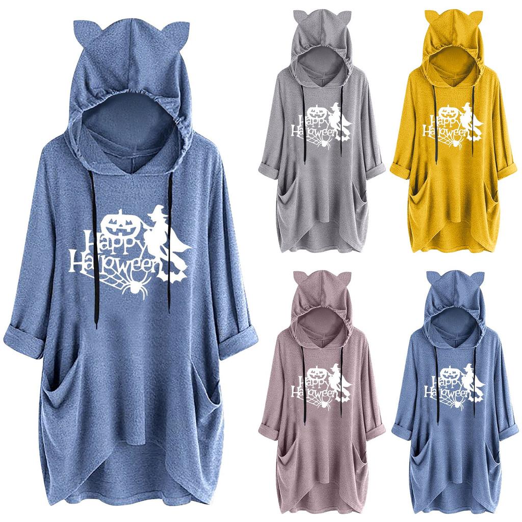 Fashion Women Casual Halloween  Print Hooded Long Sleeve Pocket Shirt Top