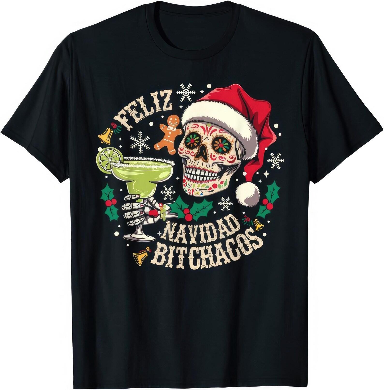 Feliz Navidad Bitchacos Merry Christmas Skull Santa Hat T shirt 2XL