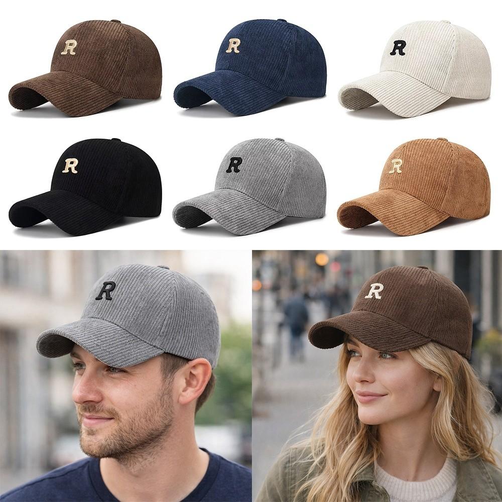 Zealous Sole Women's Dark Brown 3D Embroidered 'R' Letter Corduroy Baseball Cap Adjustable Strap Solid Color Peaked Cap Breathable Sun Hat Autumn Winter