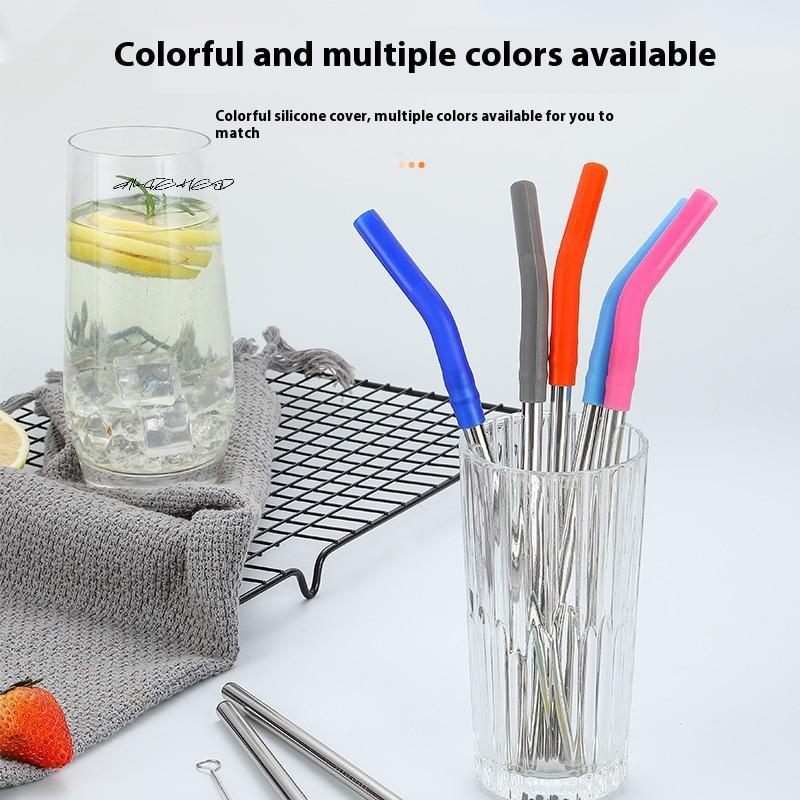 Long Stainless Steel Metal Straws with Silicone Tips Cleaning Brush Set - Reusable Eco-Friendly Drinking Straws with Covers