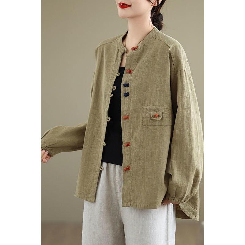 Giacca Casual da Donna in Lino Khaki con Collo alla Mandarina e Bottoni Colorati a Rana, Manica Lunga