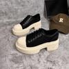 Women's Platform Cross Strap Derby Shoes - Chunky Sole, Genuine Leather, Canvas, Color Block, Height Increasing, Versatile, Petite Friendly.