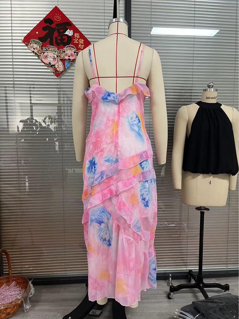 Elegant Women's V-Neck Ruffle Backless Long Dress - Sleeveless and Stylish