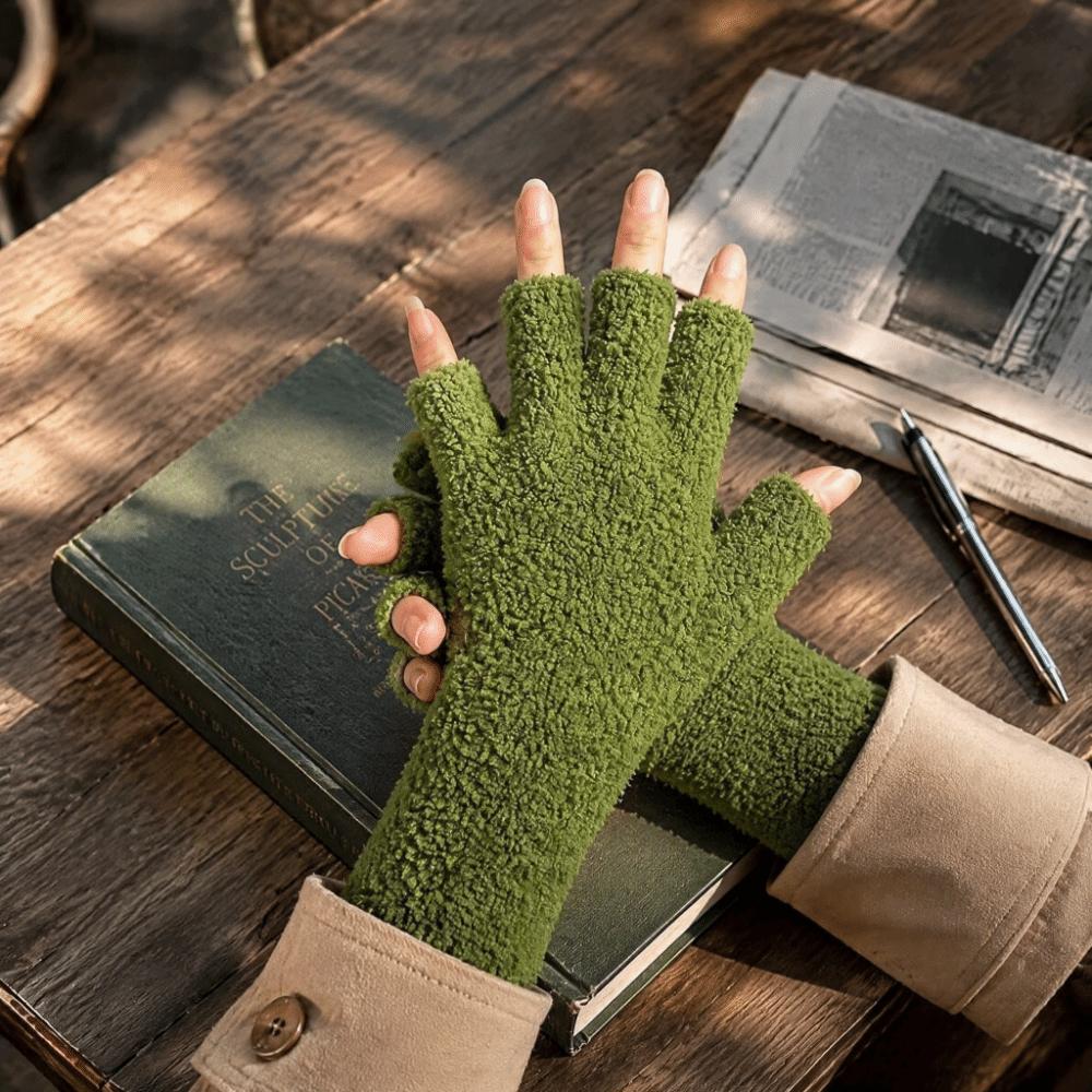 Solid Color Knitted Gloves Coral Fleece Warm Gloves Cozy Half Finger Gloves Unisex
