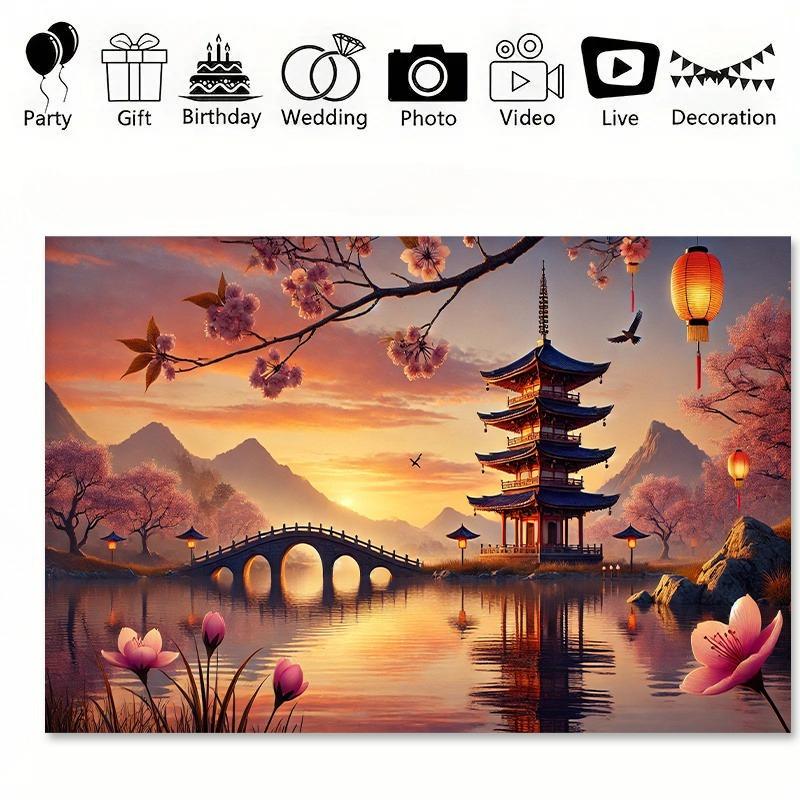 Orientalische Pagoden-Wandteppich Sonnenuntergangsszene mit Blüten Ideal für Schlafzimmer Wohnzimmer Dekor zur Schaffung von Ruhe