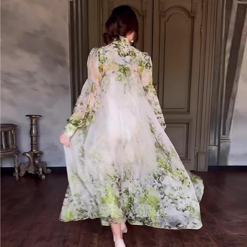 2024 Summer Women's French Sweet Style Long Sleeve Print Dress