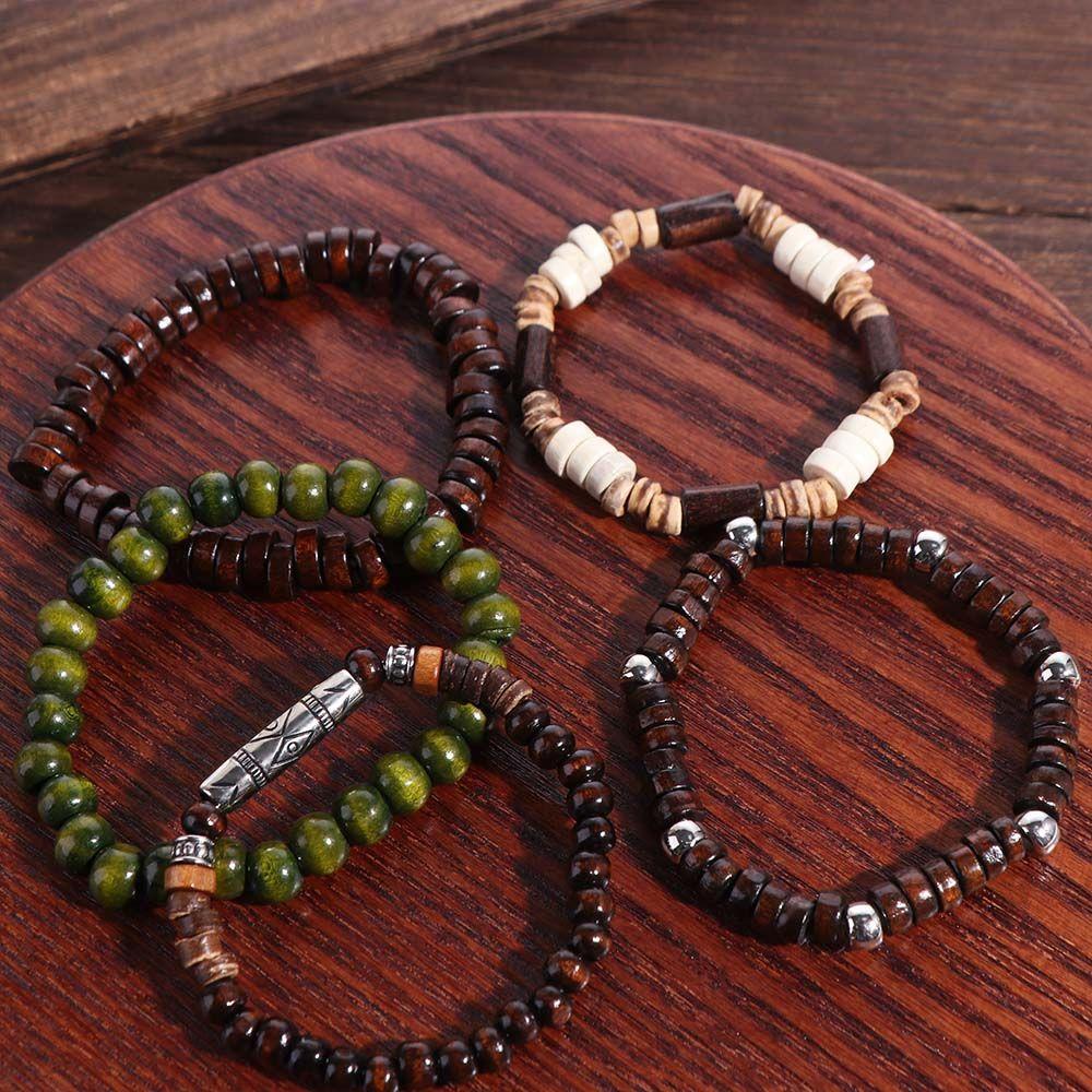 5/6 Pcs/set Fashion Wood Men Bracelets Ethnic Style Handmade Bead Bracelet Set Jewelry Bohemian Style Hand Ring Girls