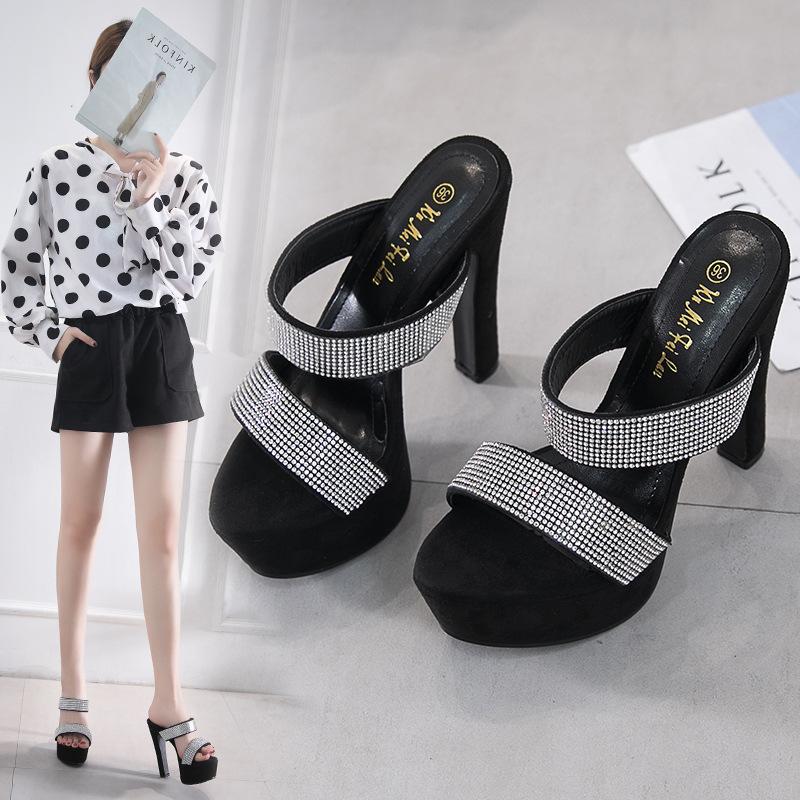 New Summer High Heels 14CM Waterproof Table Rhinestone Sandals One-word Slippers Sandals Model Catwalk Women's Shoes