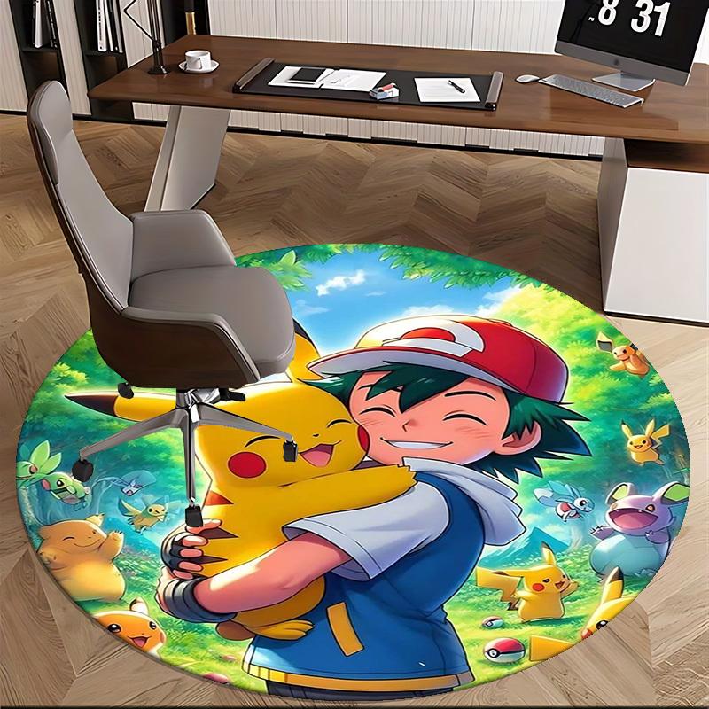1pc Pokémon Pikachu & Trainer Round Carpet, Office Chair Mat, Non-Slip Rug for Home Decor, Seasonal Gift, Suitable for Office, Living Room
