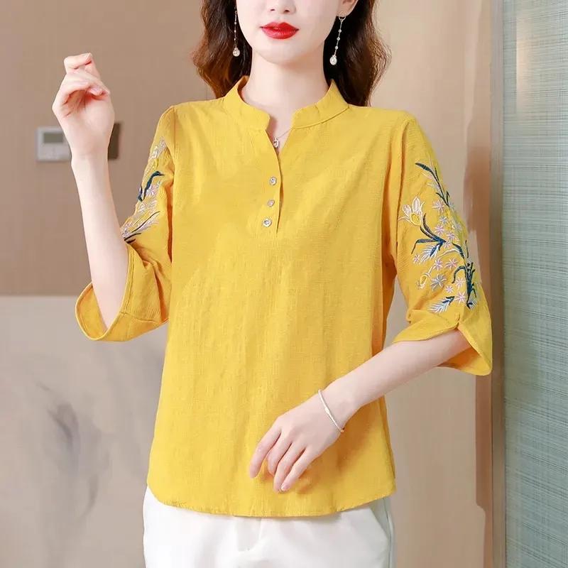 Women's Shirt Spring Summer Middle Aged Mother V-neck Leisure Ladies Shirt  Fashion Ethnic Style Elegant Lady Blouse