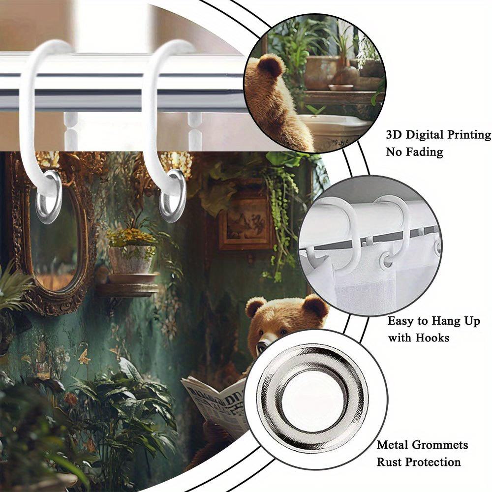 Whimsical Bear Reading Newspaper Shower Curtain Floral Plant Design Polyester Washable With 12 Hooks Eclectic Bathroom Decor