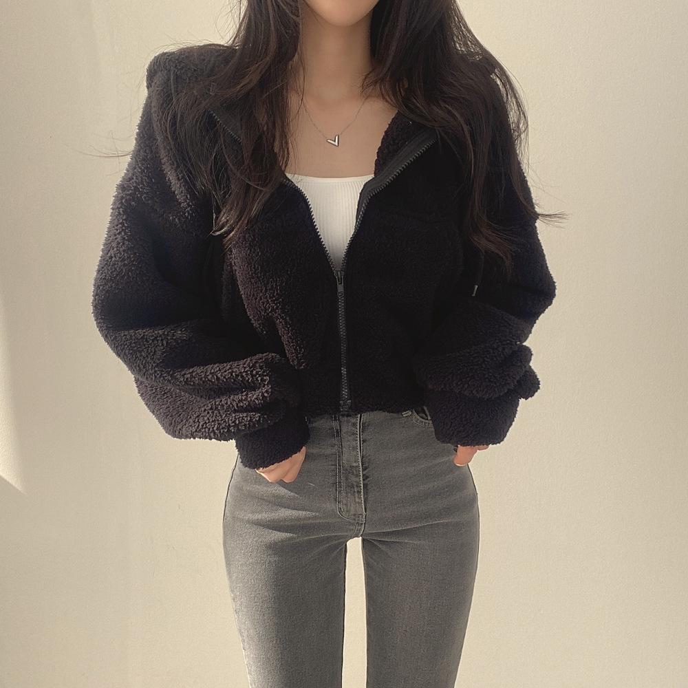 Sherpa Hoodie Women Autumn Winter Thick Warm Plush Jacket Short Zipper Hooded Coat Women