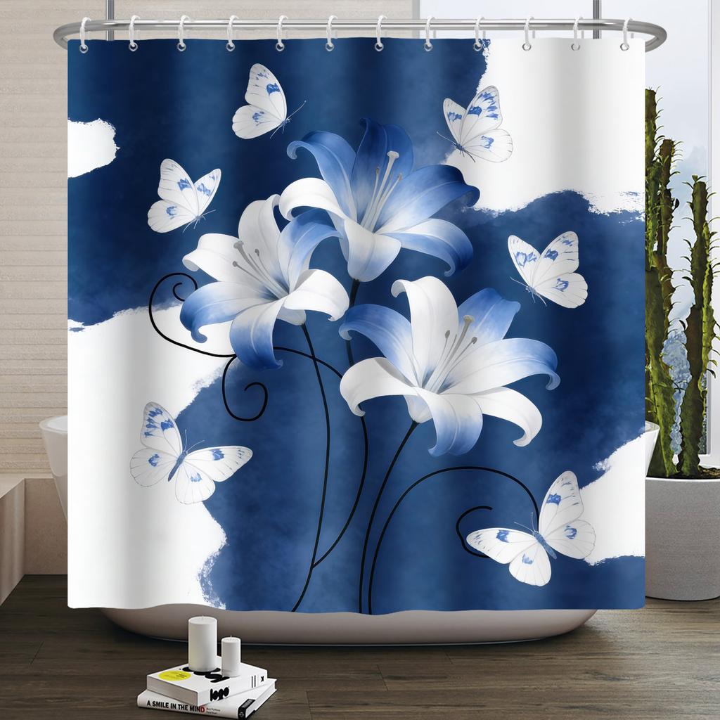Blaues Blumen-Schmetterlings-Duschvorhang Modernes Streifen-Geometrisches Muster Wasserdichter Badevorhang Badezimmer-Dekoration Polyester Mit Haken