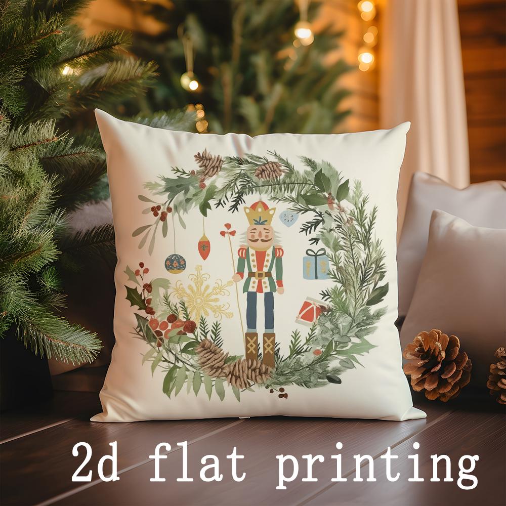 

Home Decor Christmas Wreath & Nutcracker Pattern Pillow Covers Pattern Cushion Cover Suitable for Sofa Bedroom Car Pillow Cover 16x16Inch