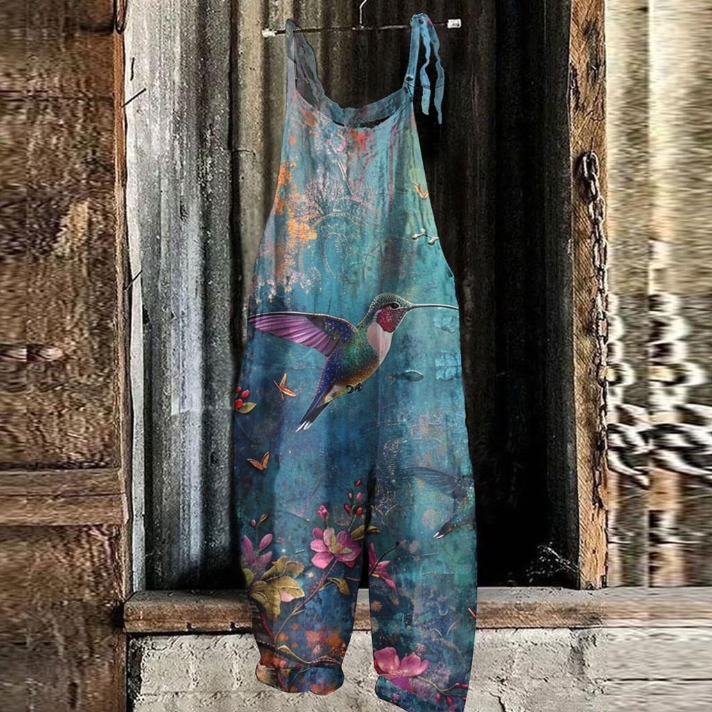 Women's Jumpsuit Floral Print Casual Loose Vintage Shoulder Strap Cotton Linen